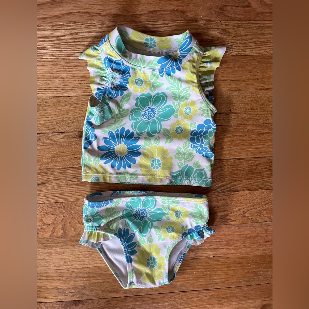 Janie and Jack Floral Swimsuit in Blue, Mint green, and Lime green 6-12 month